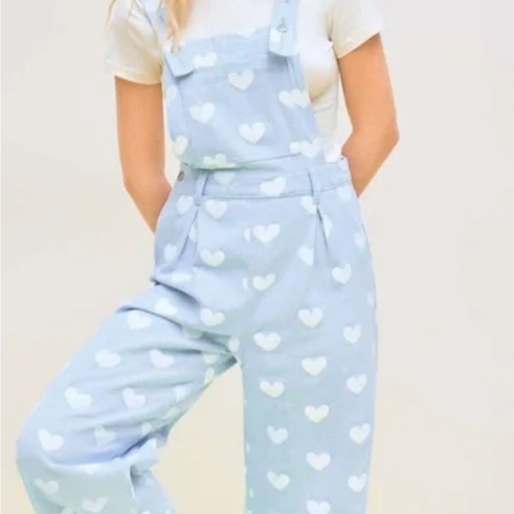 Cider Sky Blue Heart Pattern Overalls